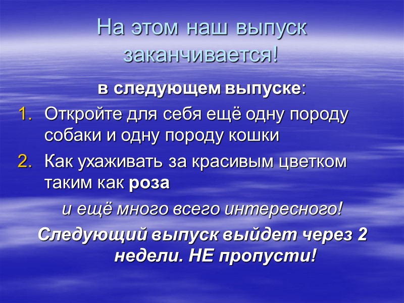 На этом наш выпуск заканчивается! в следующем выпуске: Откройте для себя ещё одну породу На этом наш выпуск заканчивается! в следующем выпуске: Откройте для себя ещё одну породу